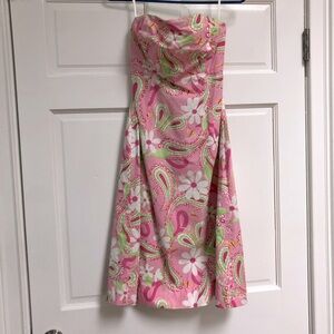 Vintage Lilly Pulitzer green and pink paisley strapless back tie dress